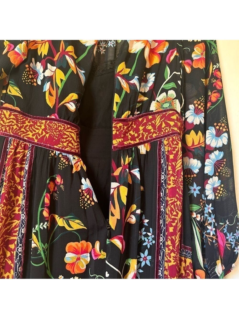NEW Anthropologie Black Motif Boho Floral Velvet Trim Midi Dress Sz OUS Lined - Picture 13 of 14